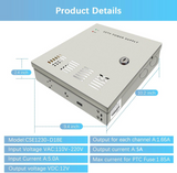 9-Channel DC 12-Volt 5-Amp Output CCTV Distributed Power Supply Box/Converter with AC Plug and Lock(5A 9-Channel)