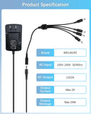 DC 12V 2A Power Supply Adapter with 1 to 4 Power Splitter AC 100-240V Power Cord Cable for CCTV Security Camera Surveillance System/DVR/NVR/LED Strip Lights